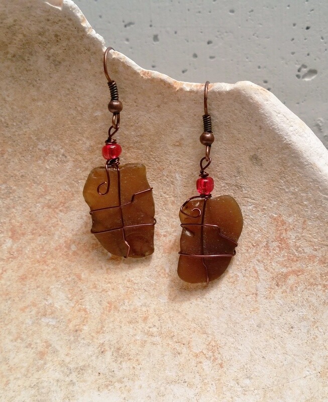 Brown Sea Glass Wire Wrapped Earrings