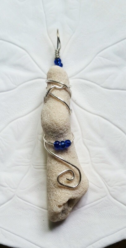 Coral Pendant with Silver Wire and Blue Glass Beads