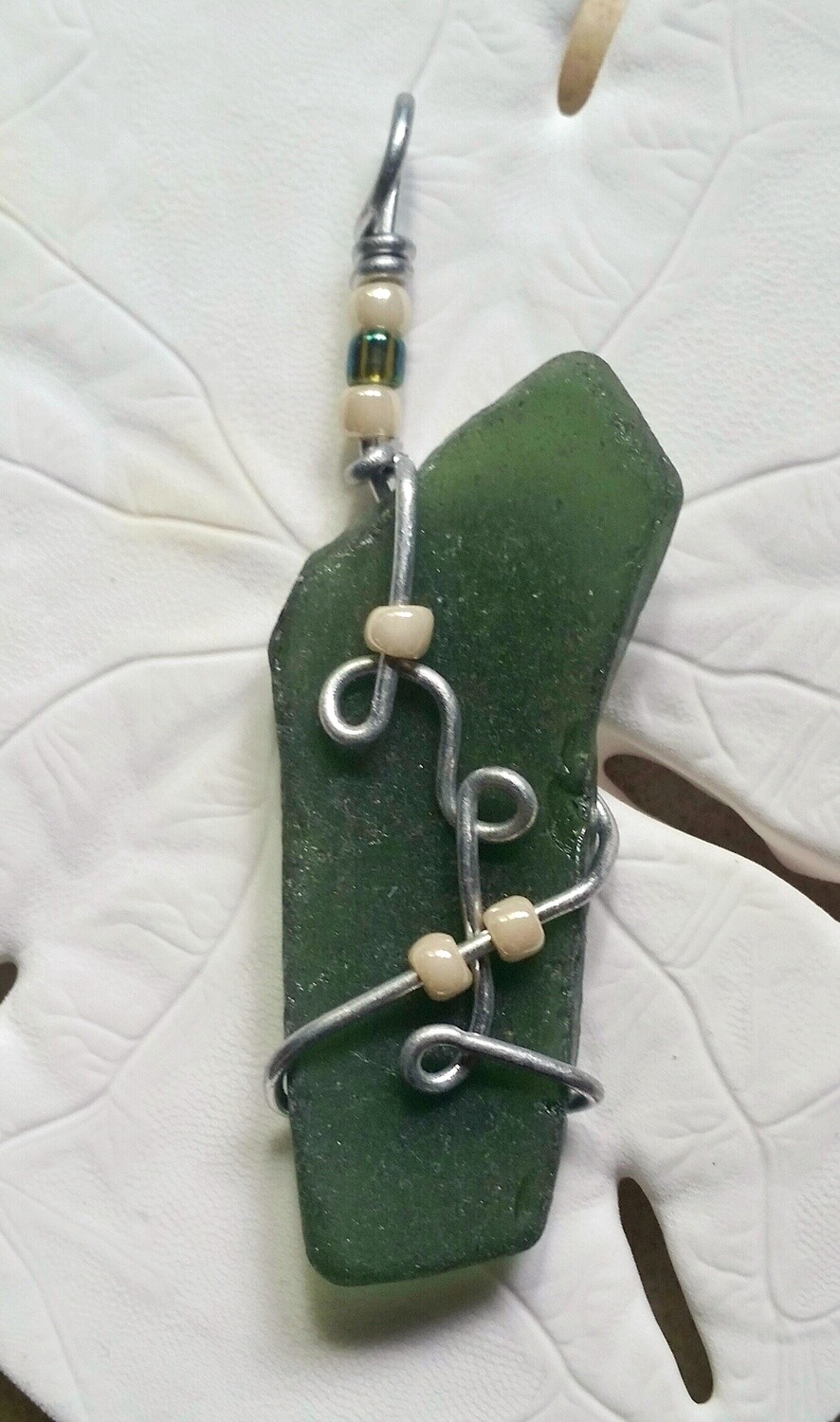 Green Sea Glass with Silver Wire Pearl Glass Beads