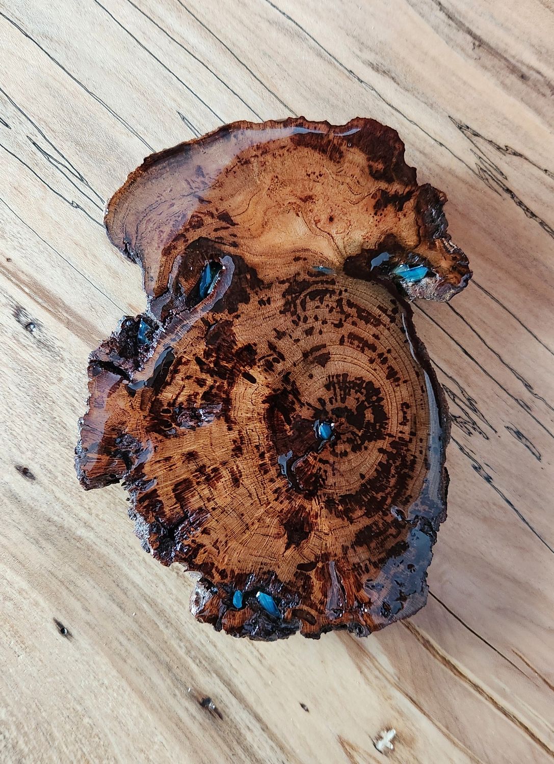 Poured Cherry Burl Coaster with Blue Glass