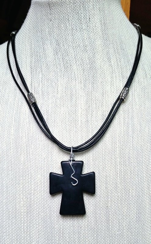 Black Stone Cross on Leather Necklace