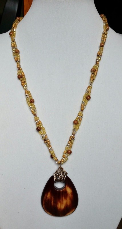 Wooden and Glass Beads w/ Wire Wrapped Resin Pendant