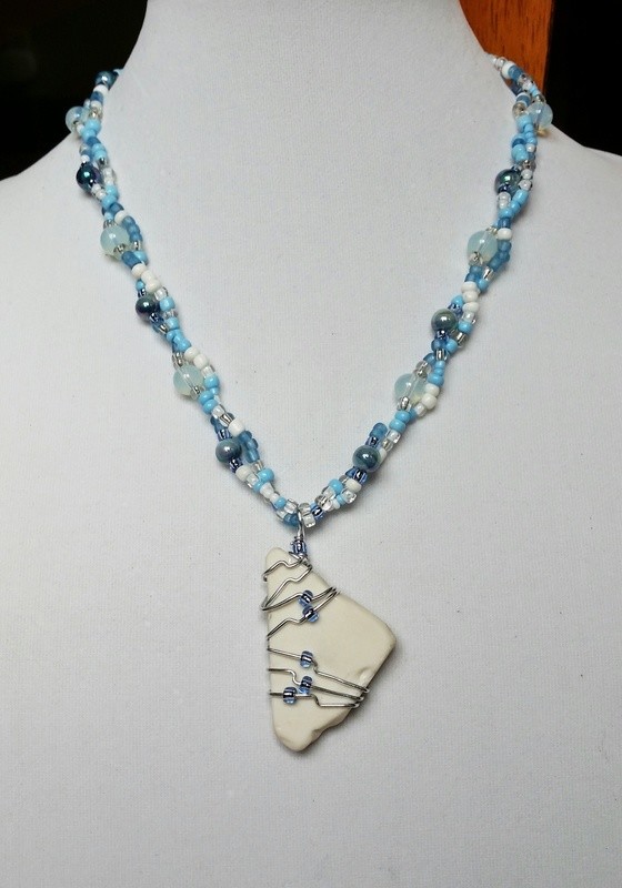Cloudy Glass, Dyed Shells and Glass Beads w/ Wire Wrapped Sea Tile Pendant