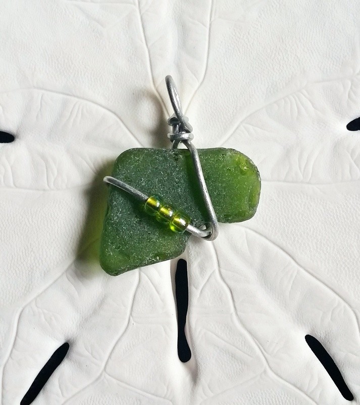 Green Sea Glass with Silver Wire and Glass Beads