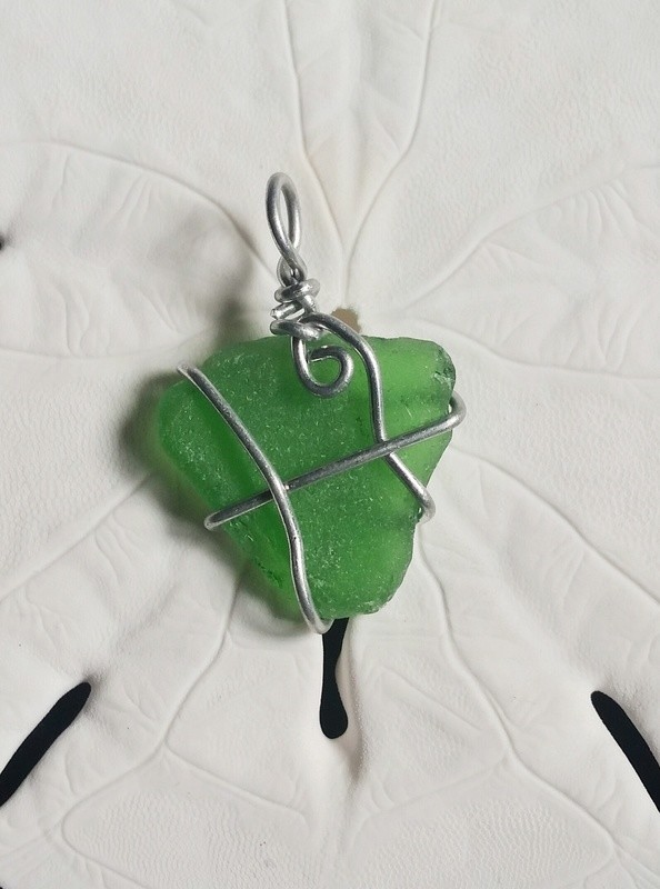 Light Green Sea Glass Wrapped in Silver Wire
