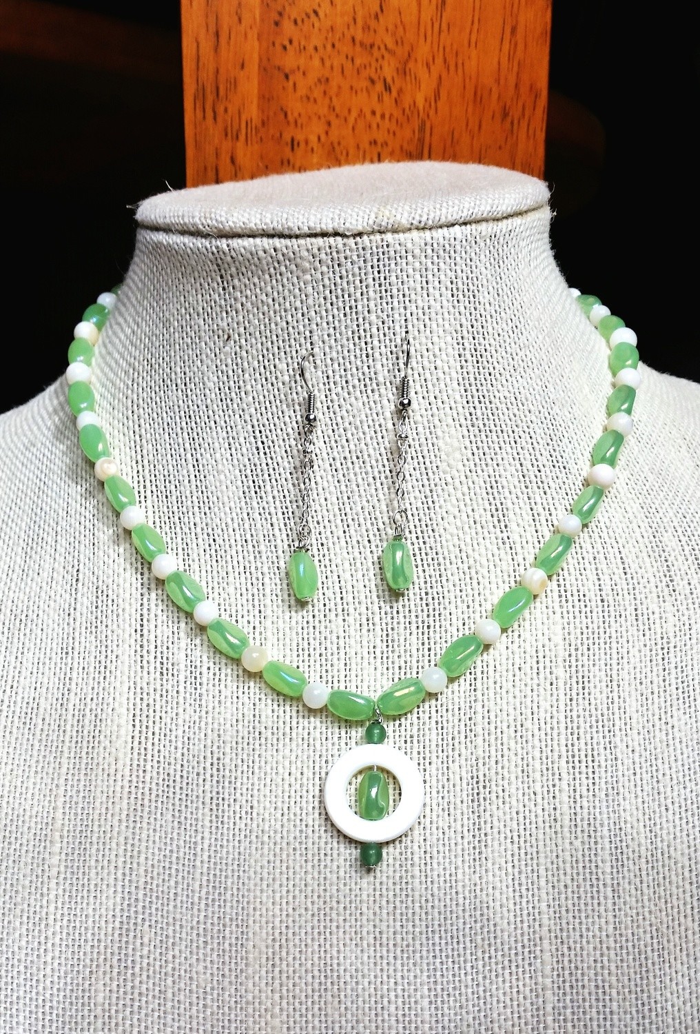 Pale Green Glass and Cream Shell Beads