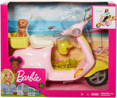 Barbie Pink &amp; Yellow Scooter Moped With Puppy &amp; Helmet
