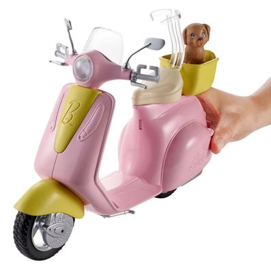 Barbie Pink &amp; Yellow Scooter Moped With Puppy &amp; Helmet