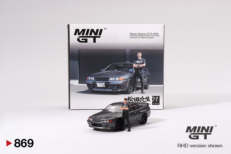 1:64 Nissan Skyline GT-R (R32) Nismo Gunmetal with Tsugio Matsuda Figure Collection 1992 (RHD) - MINI GT