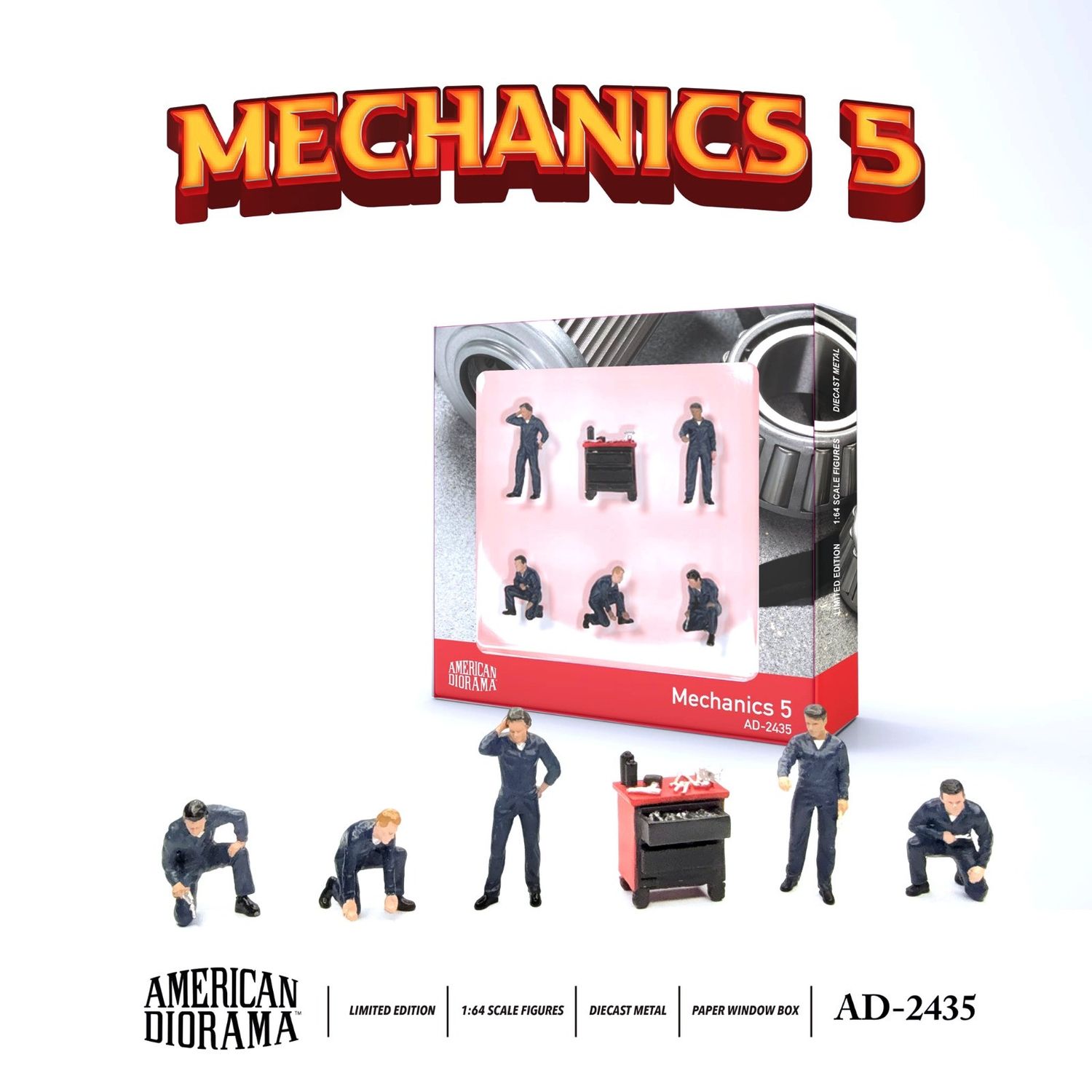 1:64 Figure Set: Mechanics 5 (Set of 6 pieces: 5 figures and 1 tool cart), 2026 (1:64) - American Diorama