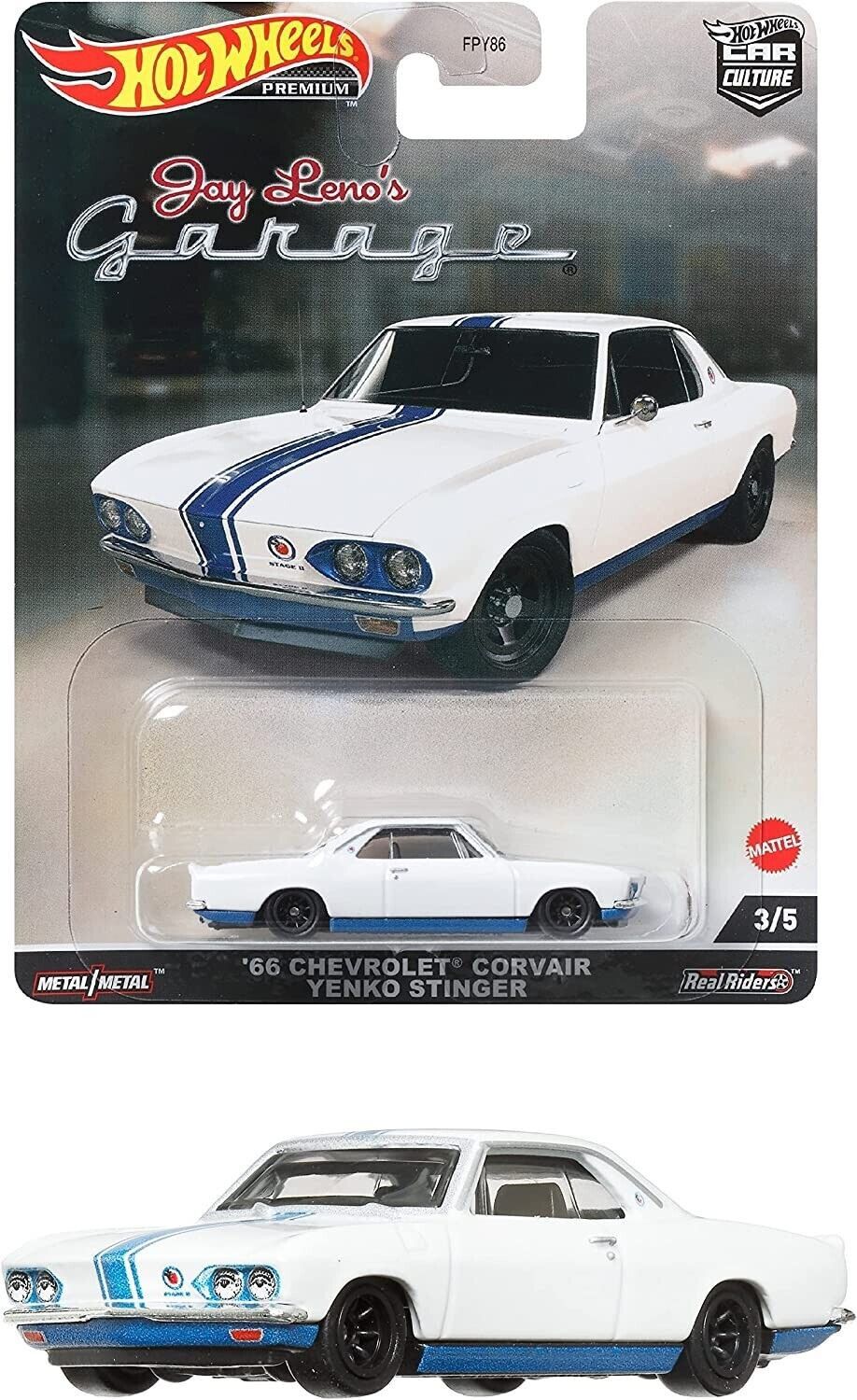 1:64 Chevrolet Corvair Jenko Stinger Jay Reno Garage White/Blue Stripes 1966 - Hot Wheels