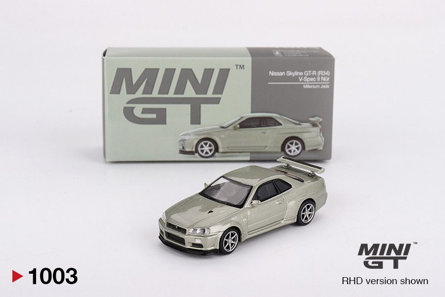 1:64 Nissan Skyline GT-R (R34) V-Spec II Nur, Millenium Jade, 2002 (RHD) - MINI GT