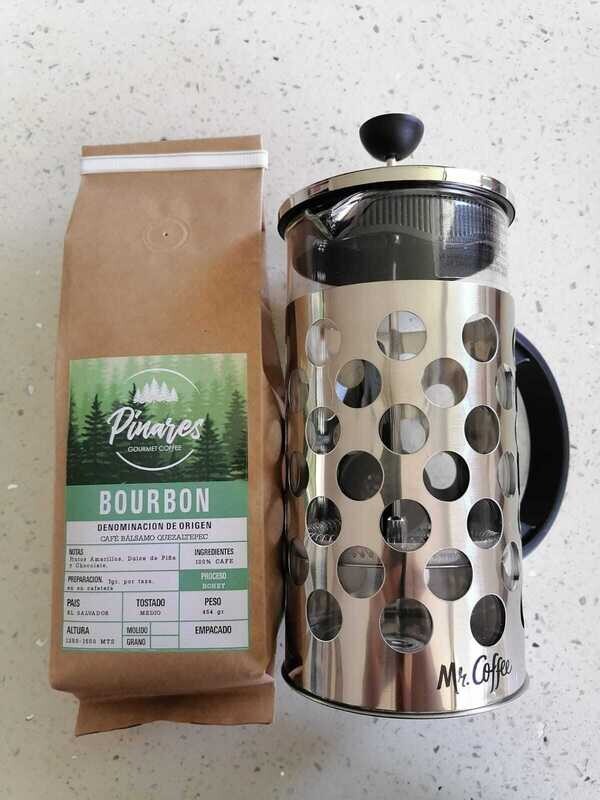 Una libra de Café Bourbon Honey + Una Prensa Francesa de 32 Onzas