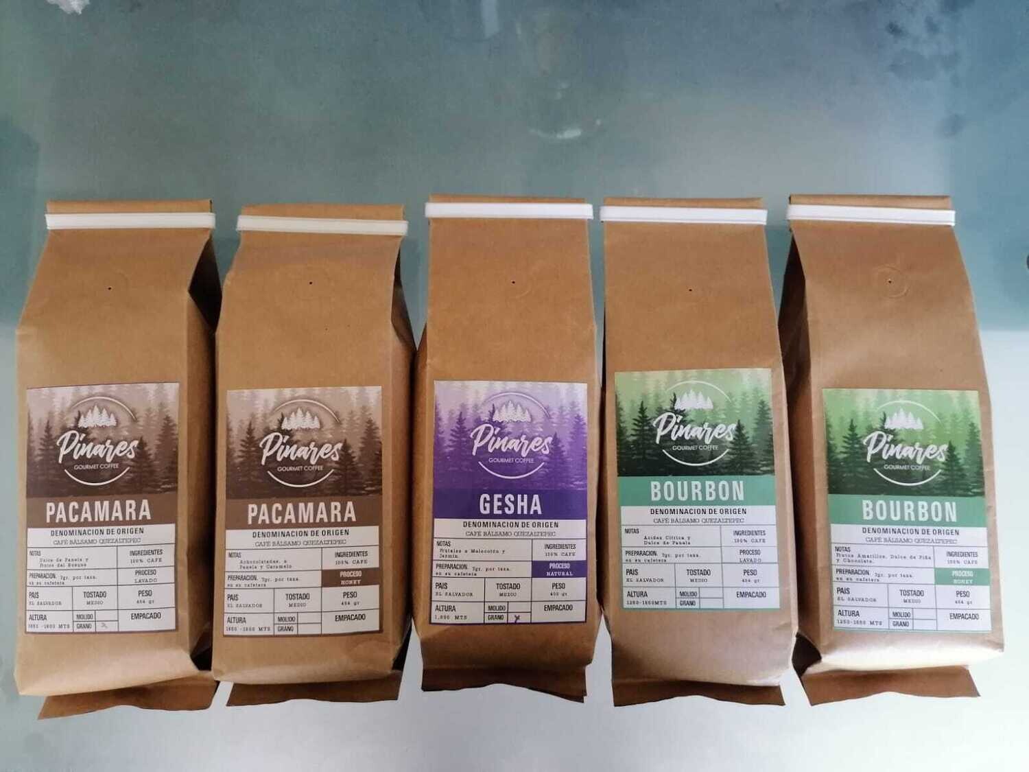 Una Libra de Café Bourbon Lavado + Una Libra de Bourbon Honey + Una Libra de Pacamara Lavado + Una Libra de Pacamara Honey + 400gr de Gesha.