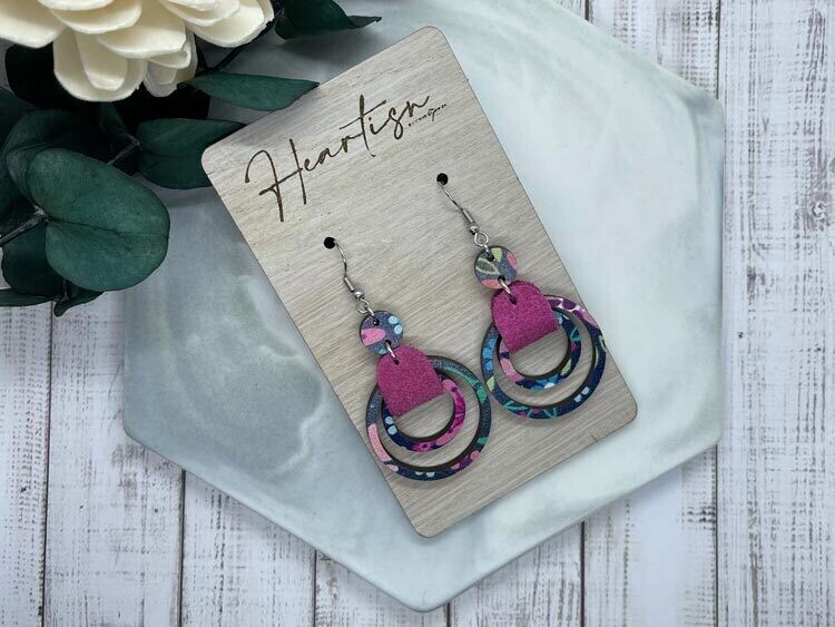 WOOD/Pink Floral - Mini Double Hoops 