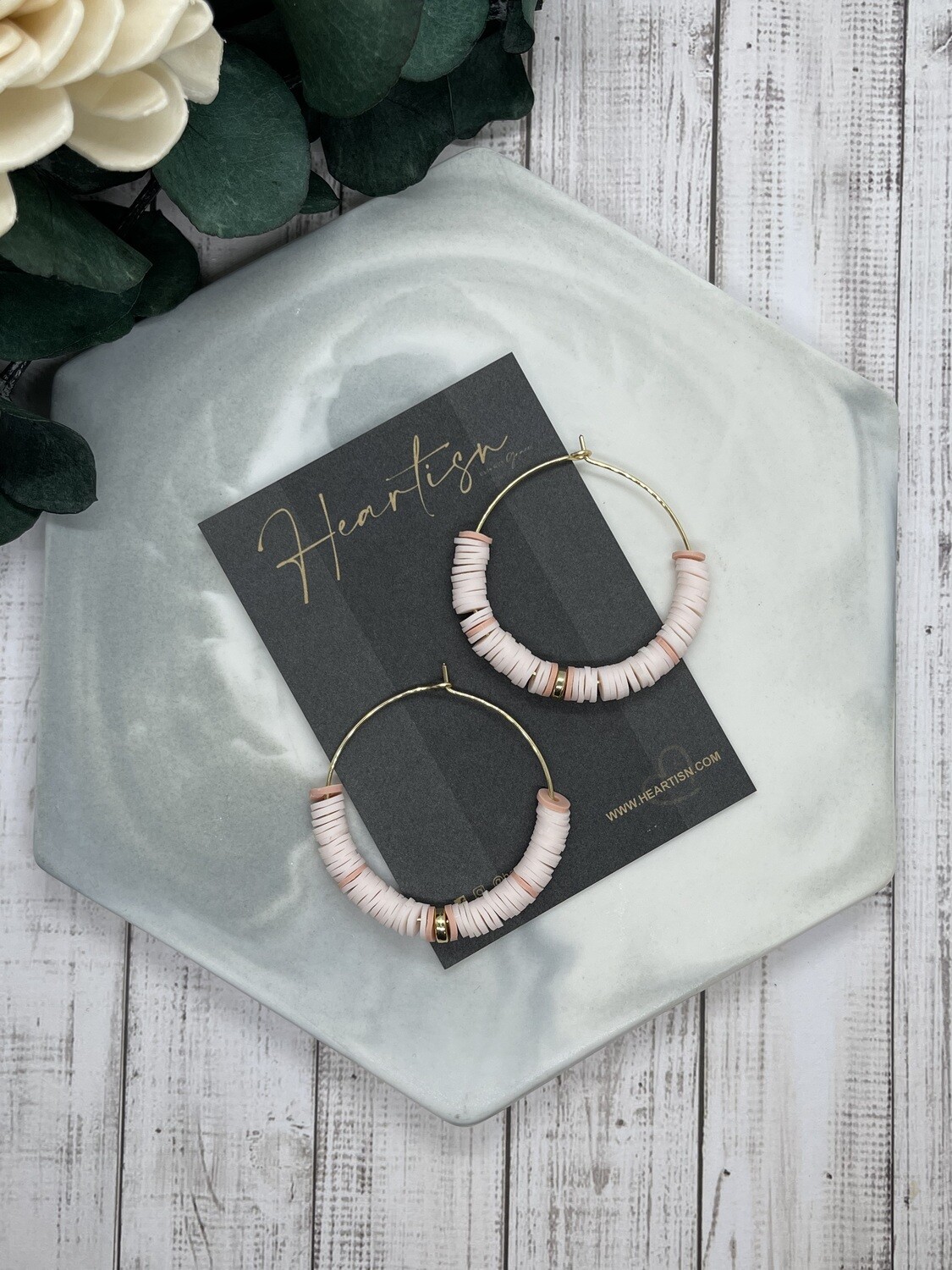 Blush Pink/Gold - Heishi Hoops