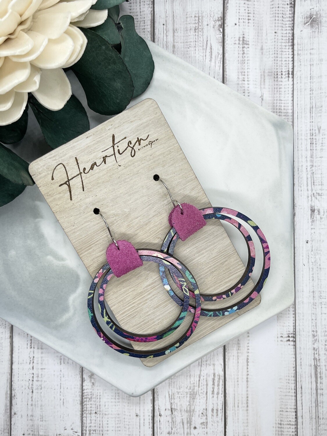 WOOD/Pink Floral - Double Hoops