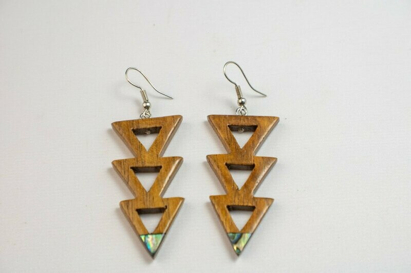 Tribal Koa & Abalone Shell Dangle Earrings