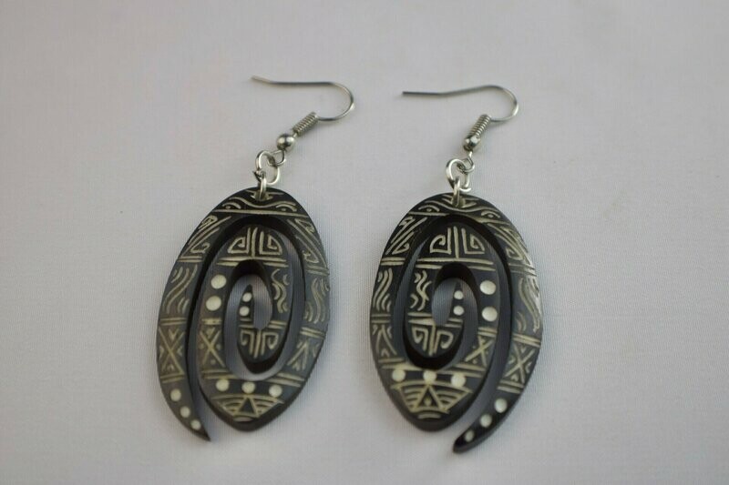 Bone Tribal Carved Koru Hook Earrings