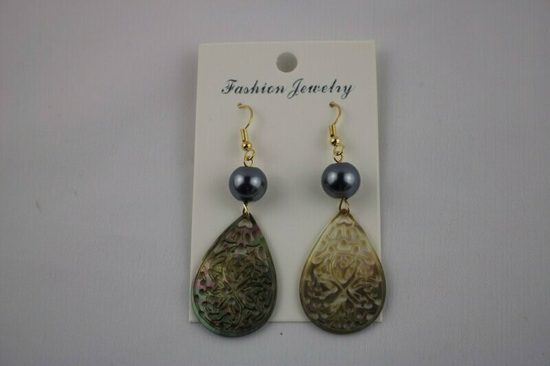 Carved Mother of Pearl shell teardrop dangle earrings