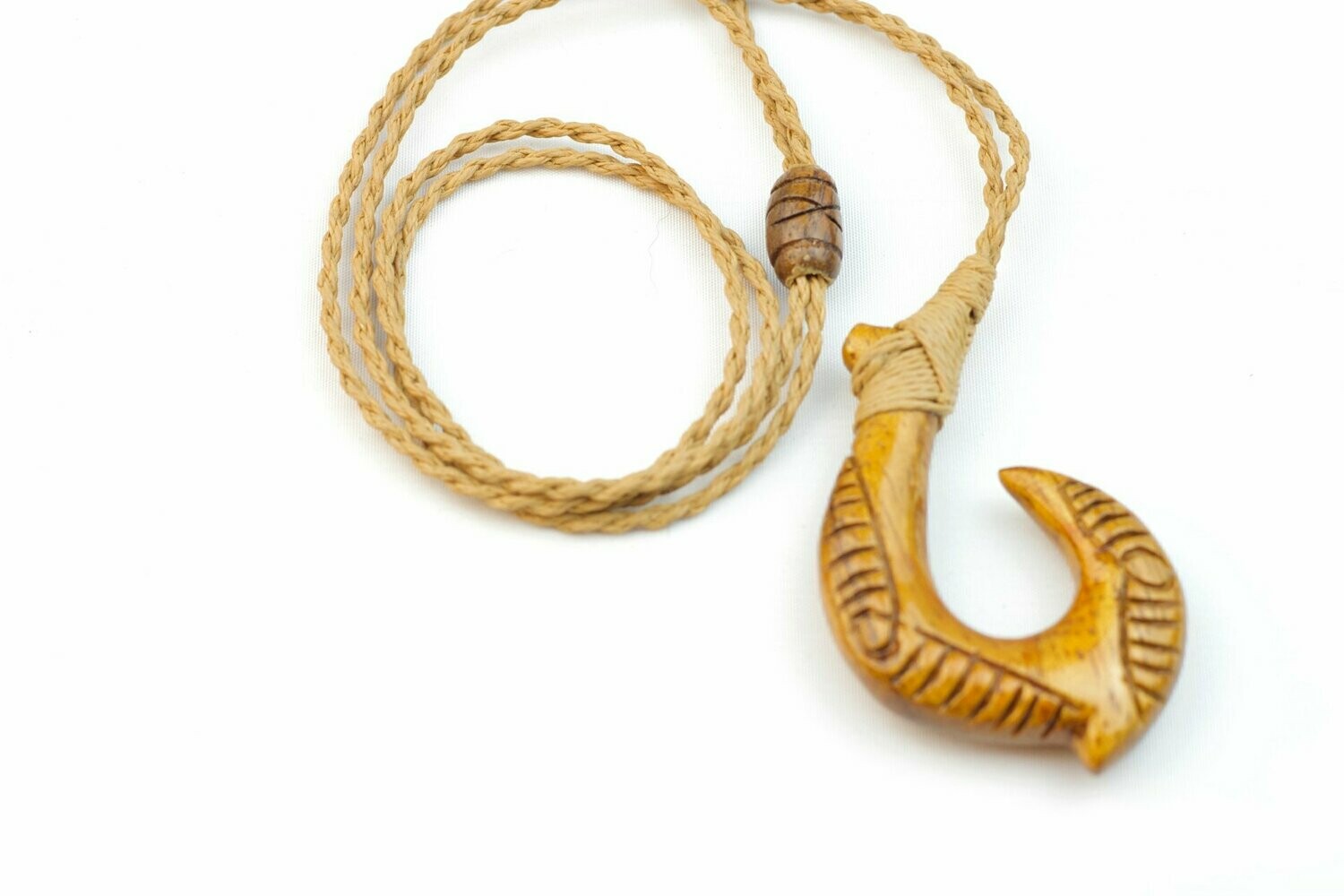 Koa Carved Fish Hook Pendant on Adjustable Hand Braided Tan Cord