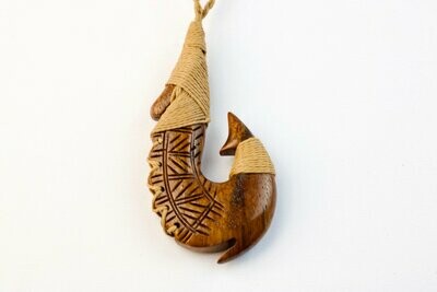 Koa Tribal Carved and Lashed Fish Hook Pendant on Adjustable Hand Braided Tan Cord