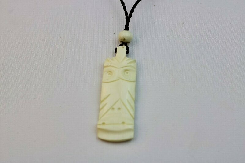 Carved Bone Tiki Pendant on Adjustable Hand Braided Black Cord