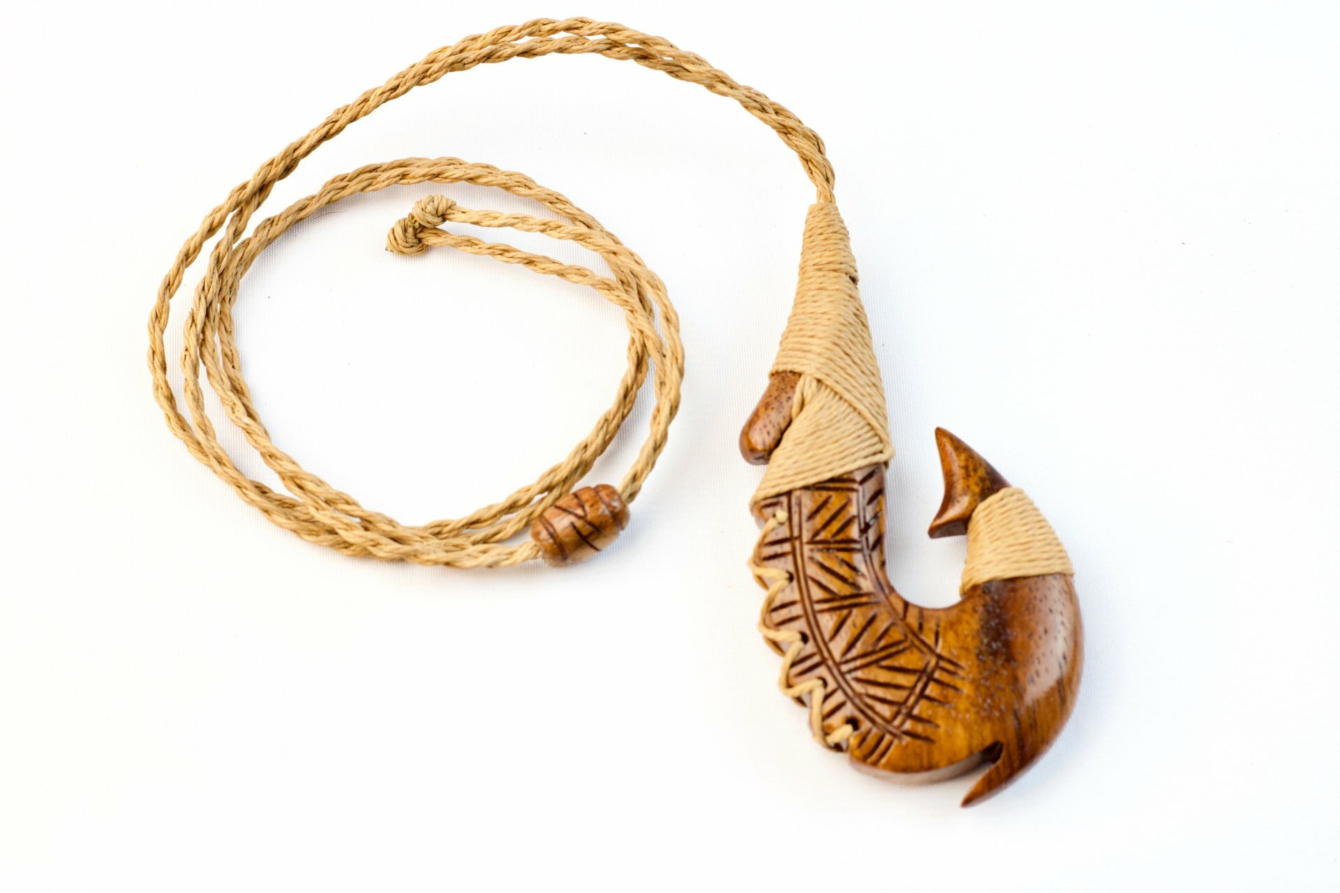 Koa Tribal Carved and Lashed Fish Hook Pendant on Adjustable Hand Braided  Tan Cord