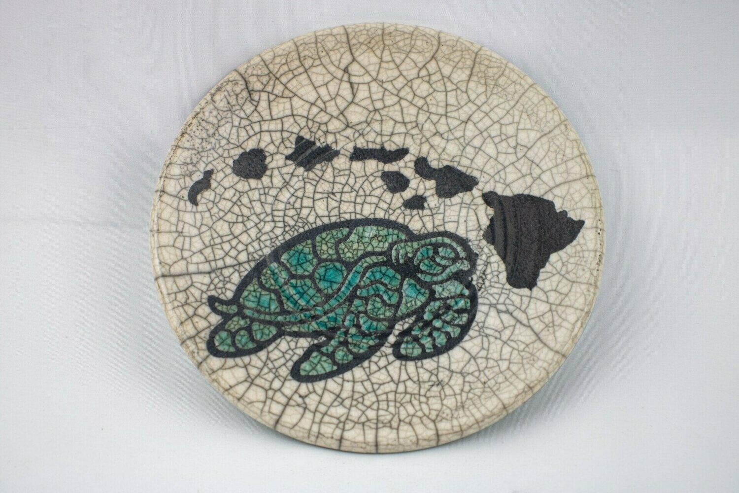 Raku White Crackle Dish Turtle & Hawaiian Islands