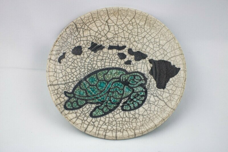 Raku White Crackle Dish Turtle & Hawaiian Islands