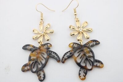 Faux tortoise/turtle shell acrylic turtle/flower design dangle earrings