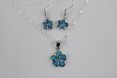 Blue Fire Opal Plumeria Flower Earring and Necklace Set w/chain