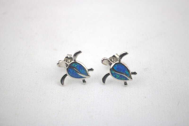 Fire Opal Turtle Petroglyph Stud Earrings, Color: Blue