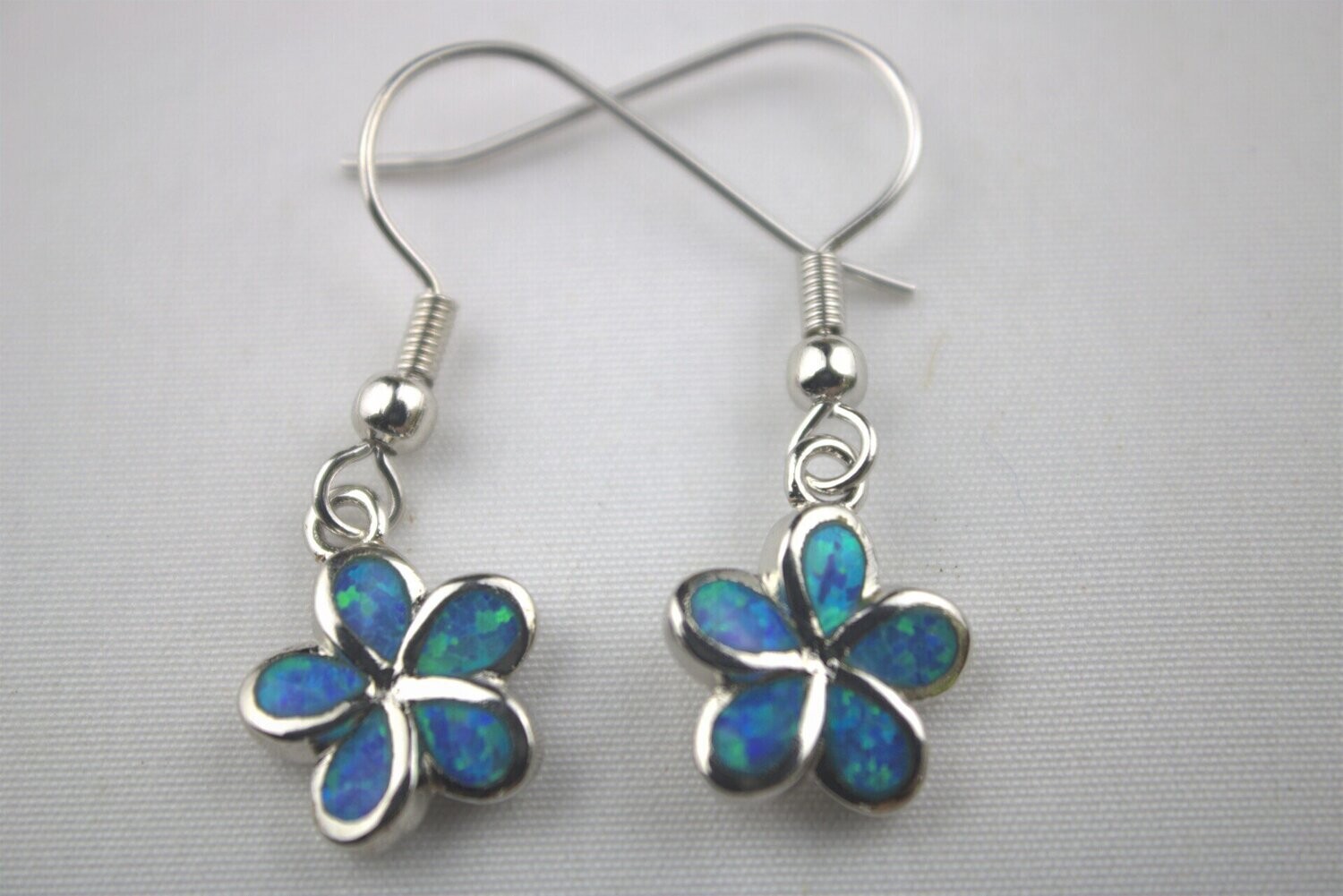 Fire Opal Plumeria Flower Dangle Earrings, Color: Blue