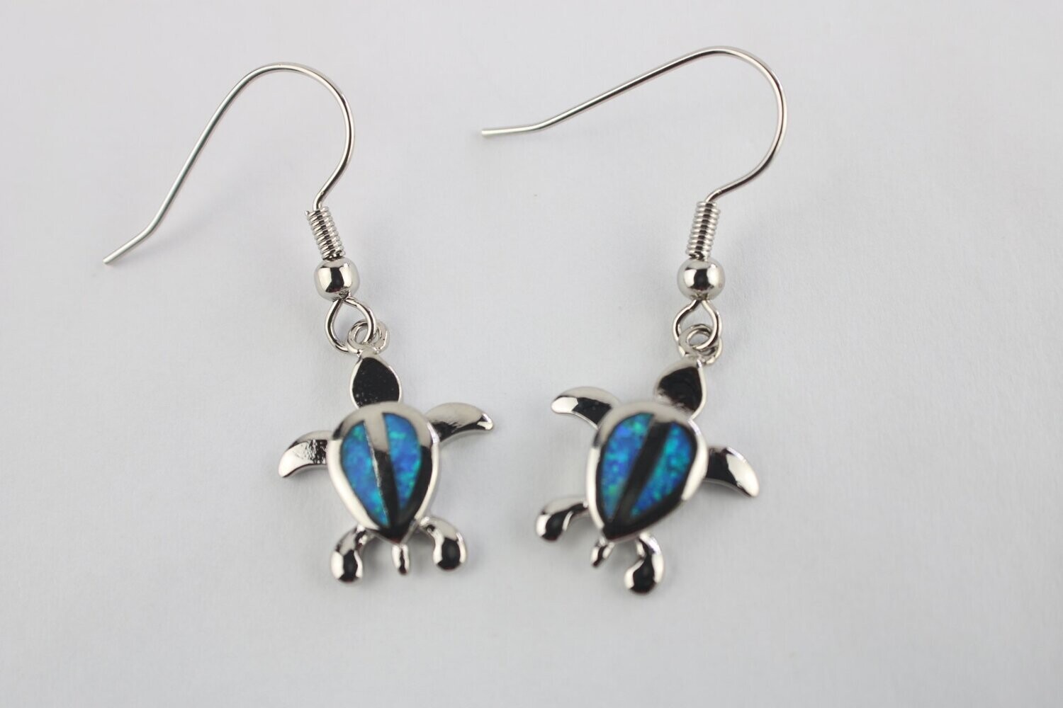 Fire Opal Petroglyph Turtle Dangle Earrings, Color: Blue