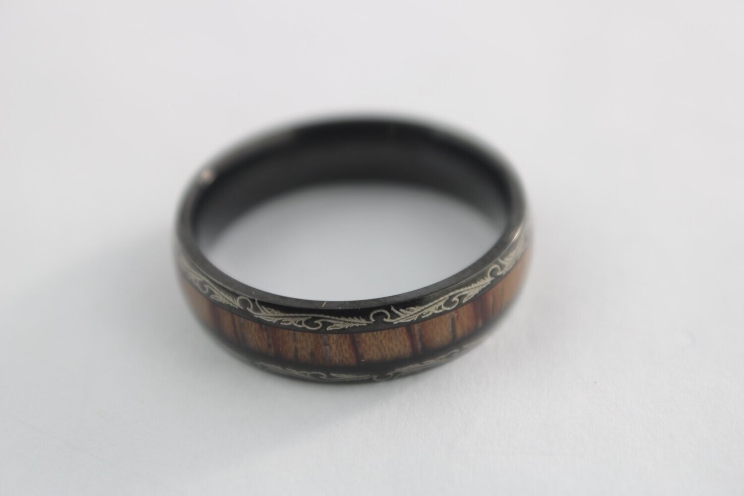 Black Titanium and Koa Wood Inlay Ring 6mm, Size: 6