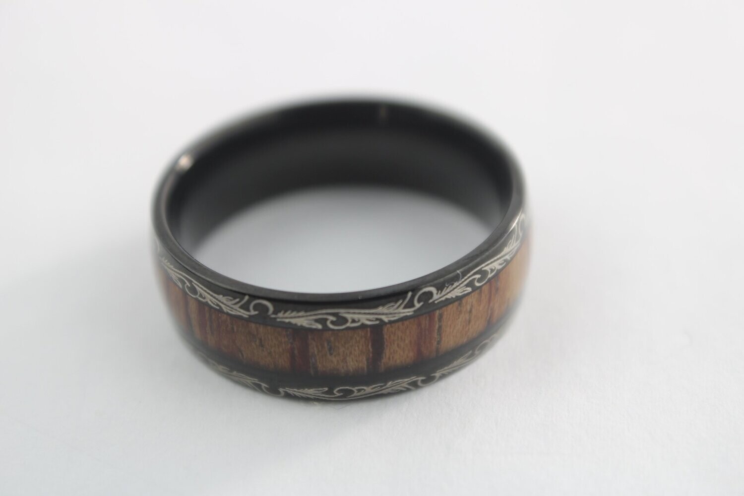 Black Titanium and Koa Wood Inlay Ring 8mm, Size: 6