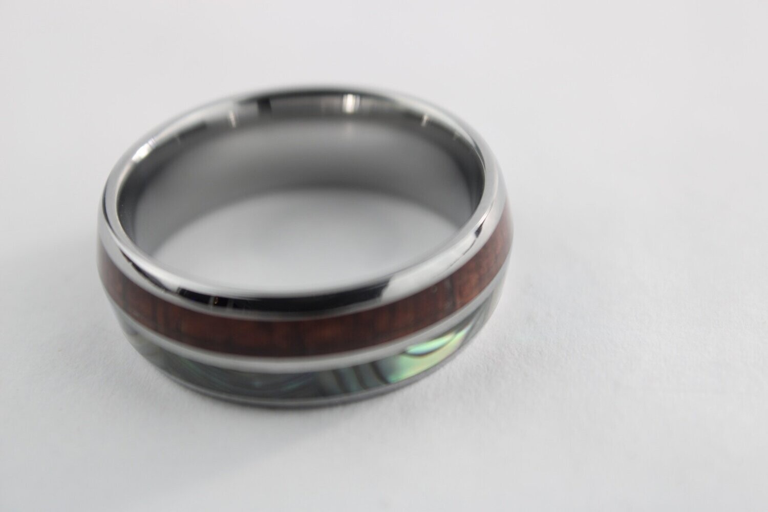 Tungsten Carbide Koa Wood & Abalone Shell Inlay Ring 8mm, Size: 6