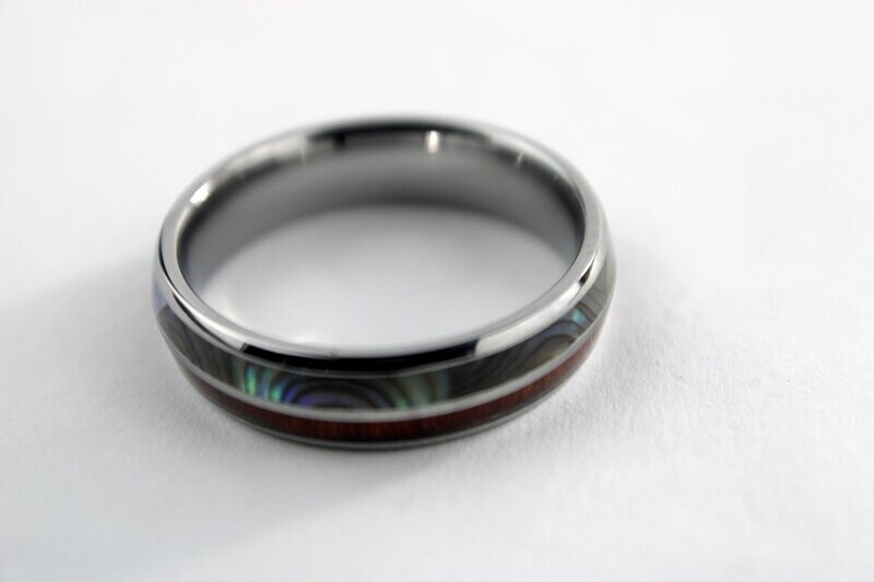 Tungsten Carbide Koa Wood & Abalone Shell Inlay Ring 6mm, Size: 6