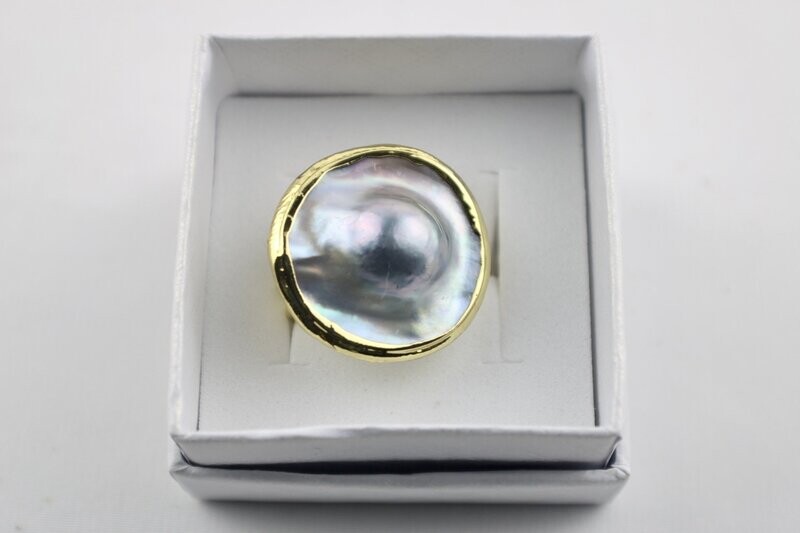 Natural Round Mabe Pearl Electroplated Gold Adjustable Ring