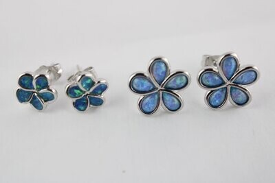 Blue Fire Opal Plumeria Flower Stud Earrings (8mm & 12mm)