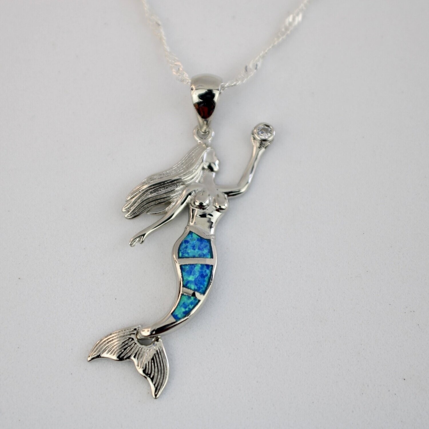 Fire Opal Mermaid Necklace w/chain, Color: Blue