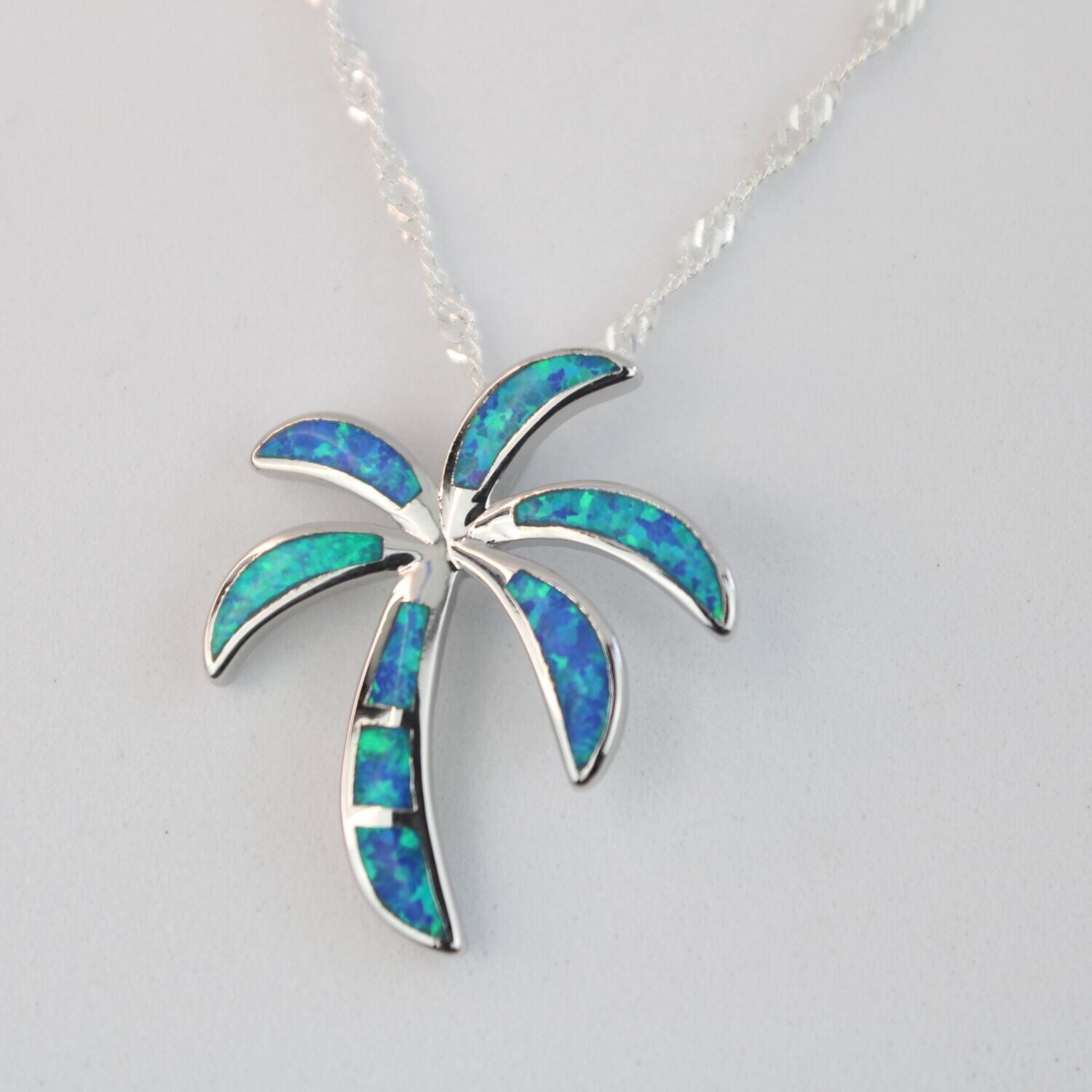 Fire Opal Palm Tree Necklace w/chain, Color: Blue