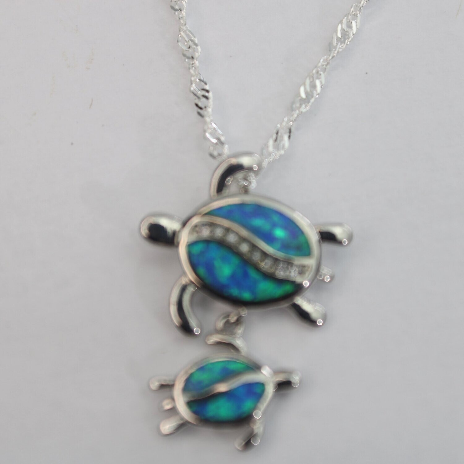 Fire Opal Petroglyph Mother Baby Turtle Necklace w/chain, Color: Blue