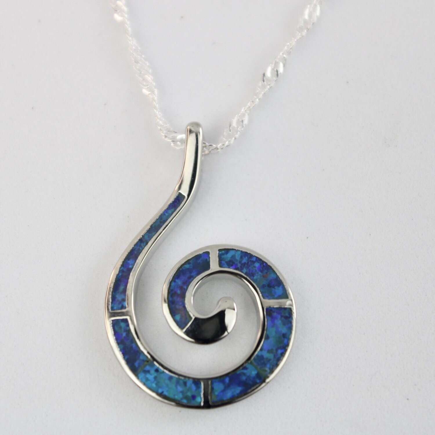Fire Opal Spiral Koru Necklace w/chain, Color: Dark Blue