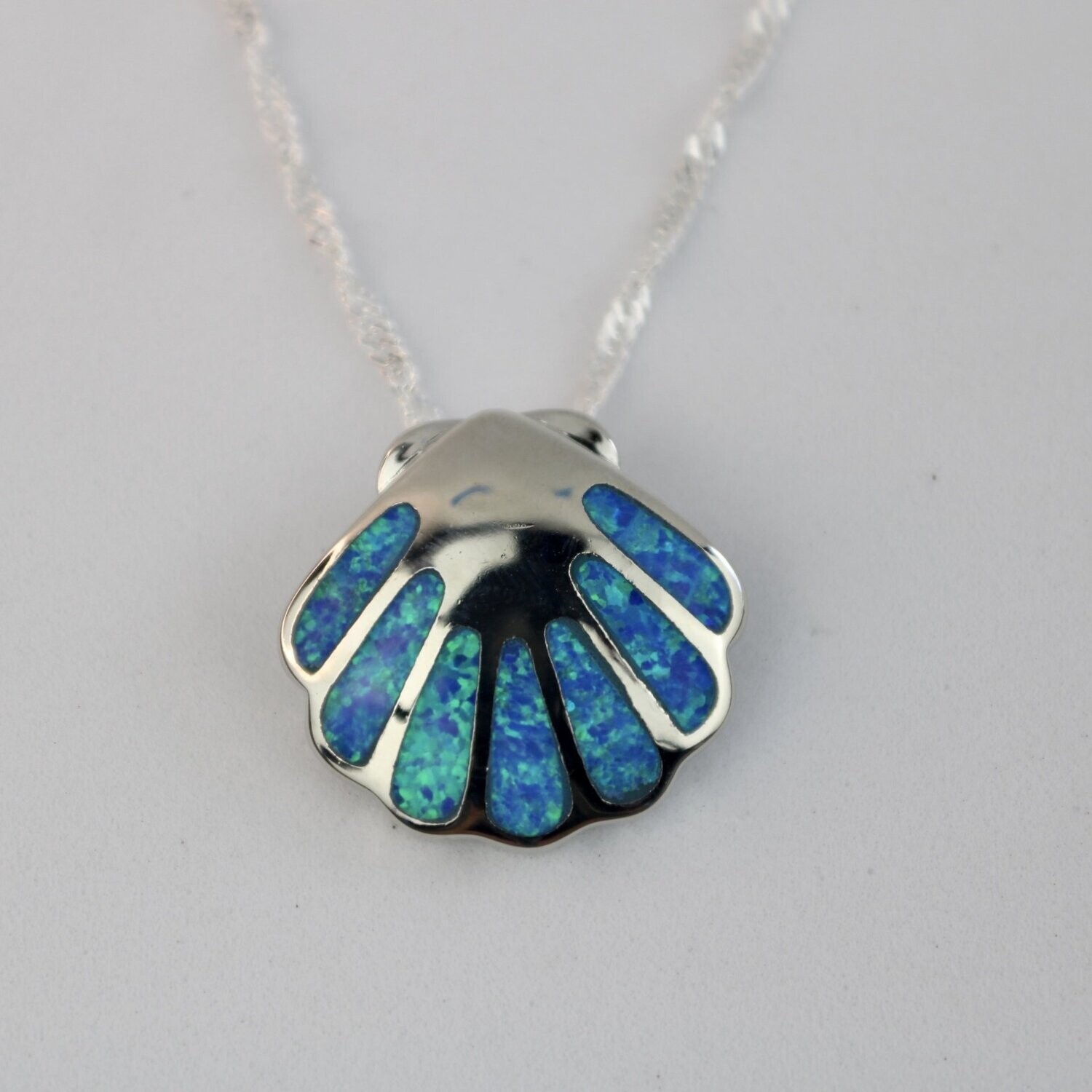 Fire Opal Scallop Shell Necklace w/chain, Color: Blue