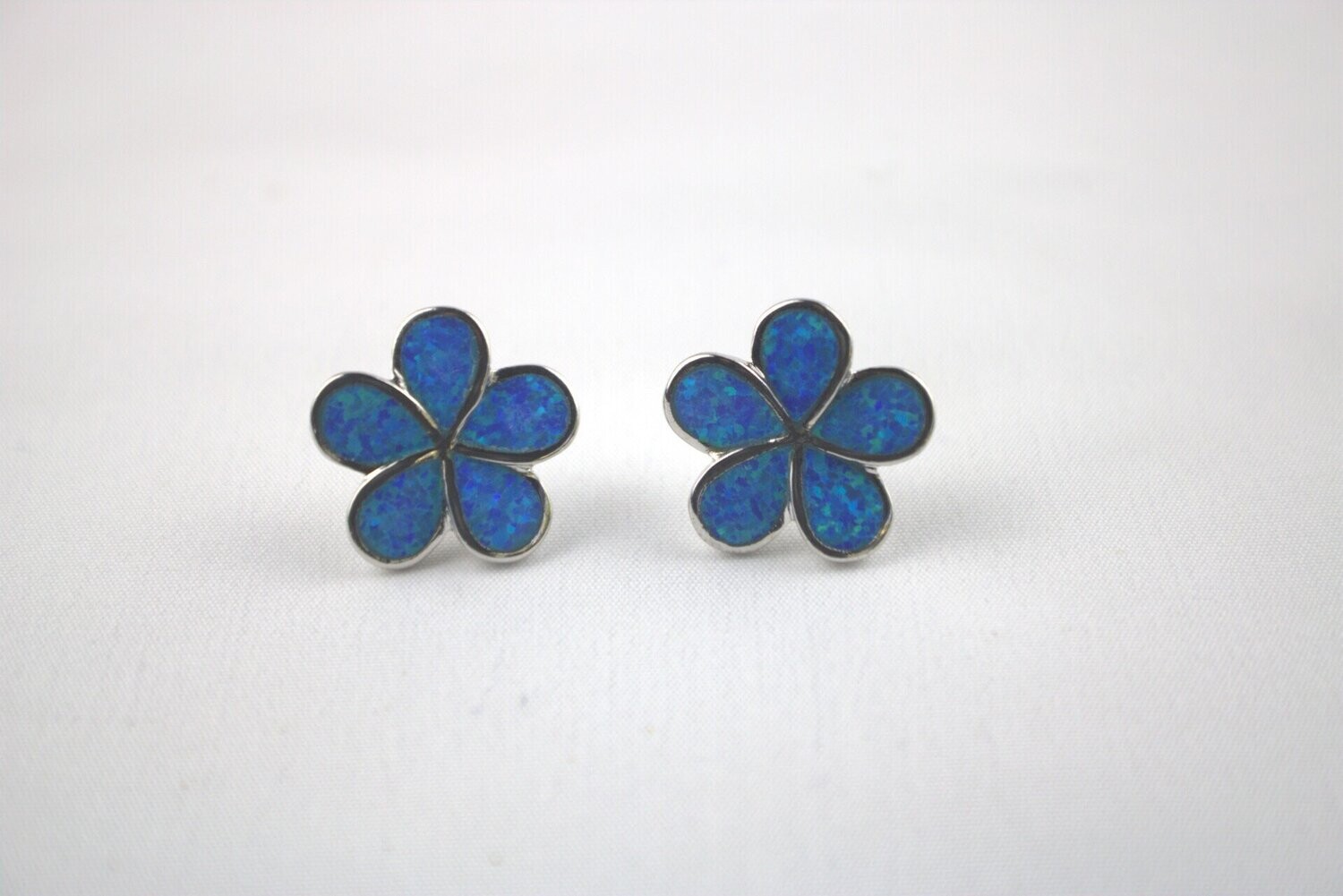 Fire Opal Plumeria Flower Stud Earrings 17mm, Color: Blue