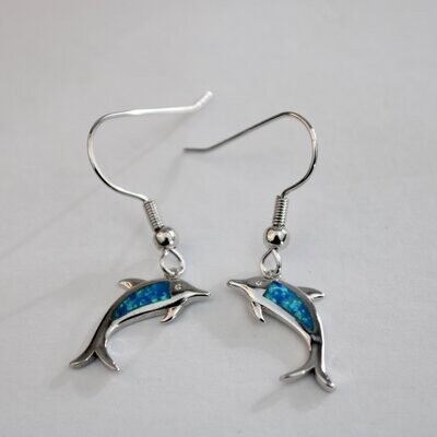 Blue Fire Opal Dolphin Dangle Earrings