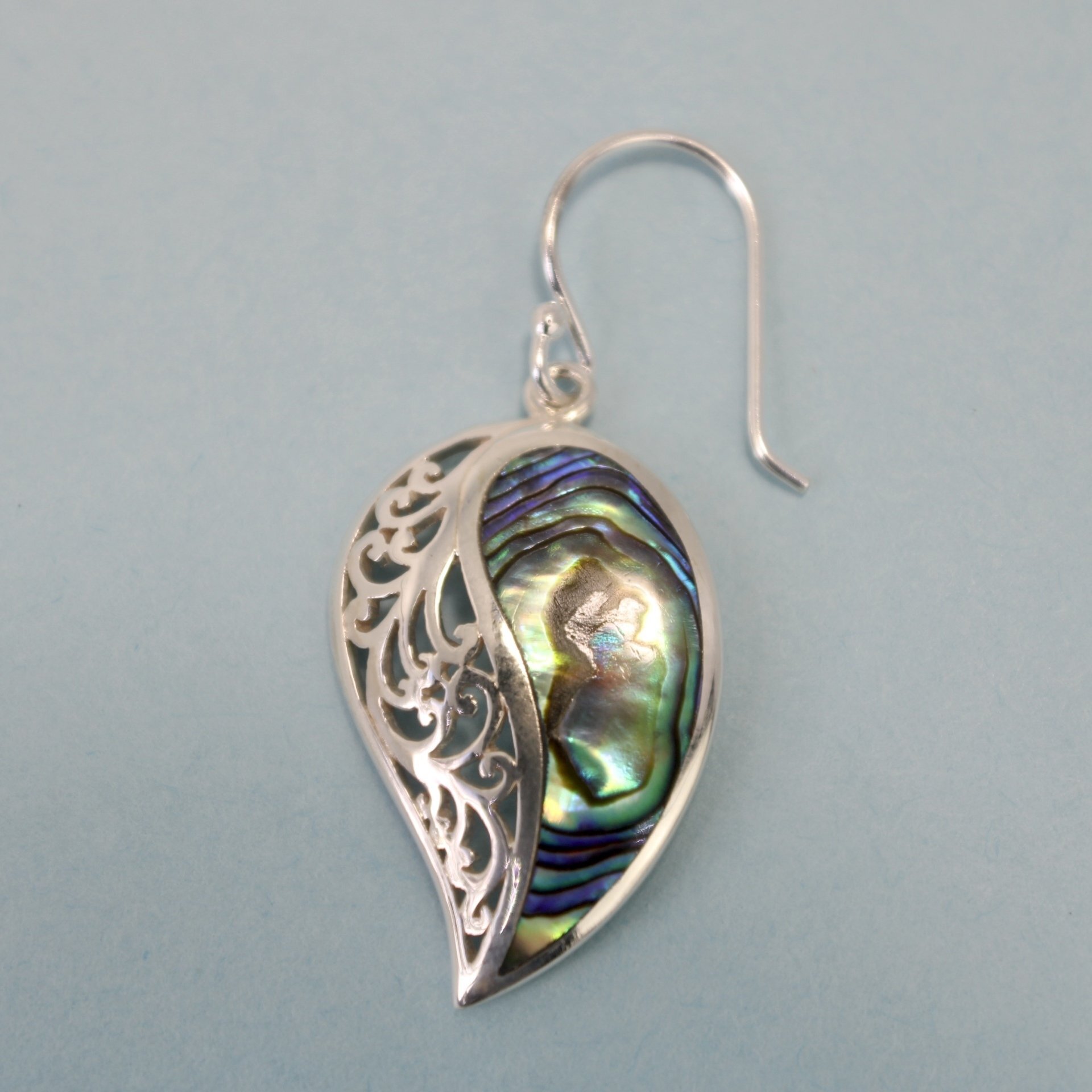 Silver Abalone Shell Paisley Dangle Earrings with Swirling Decor
