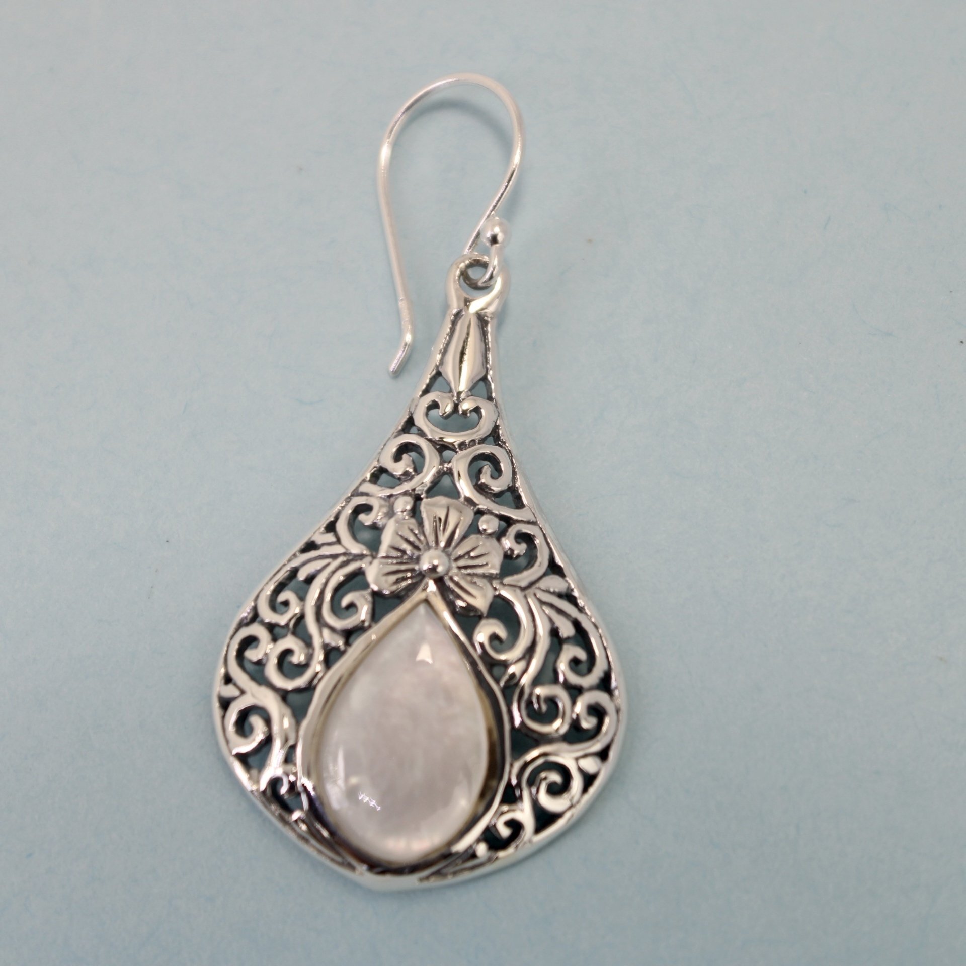 Silver Mother of Pearl Shell Dangle Earrings with Floral Antiqued Design